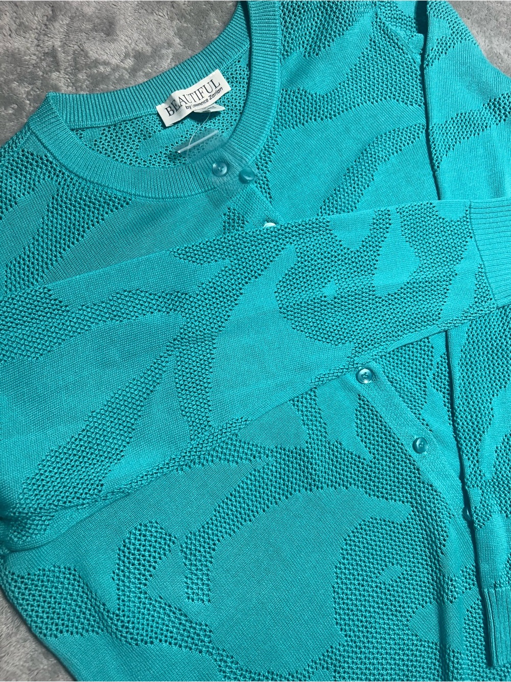 BEAUTIFUL by Lawrence Zarian Women’s Teal Floral Knit Crew Neck Cardigan M - Picture 5 of 8